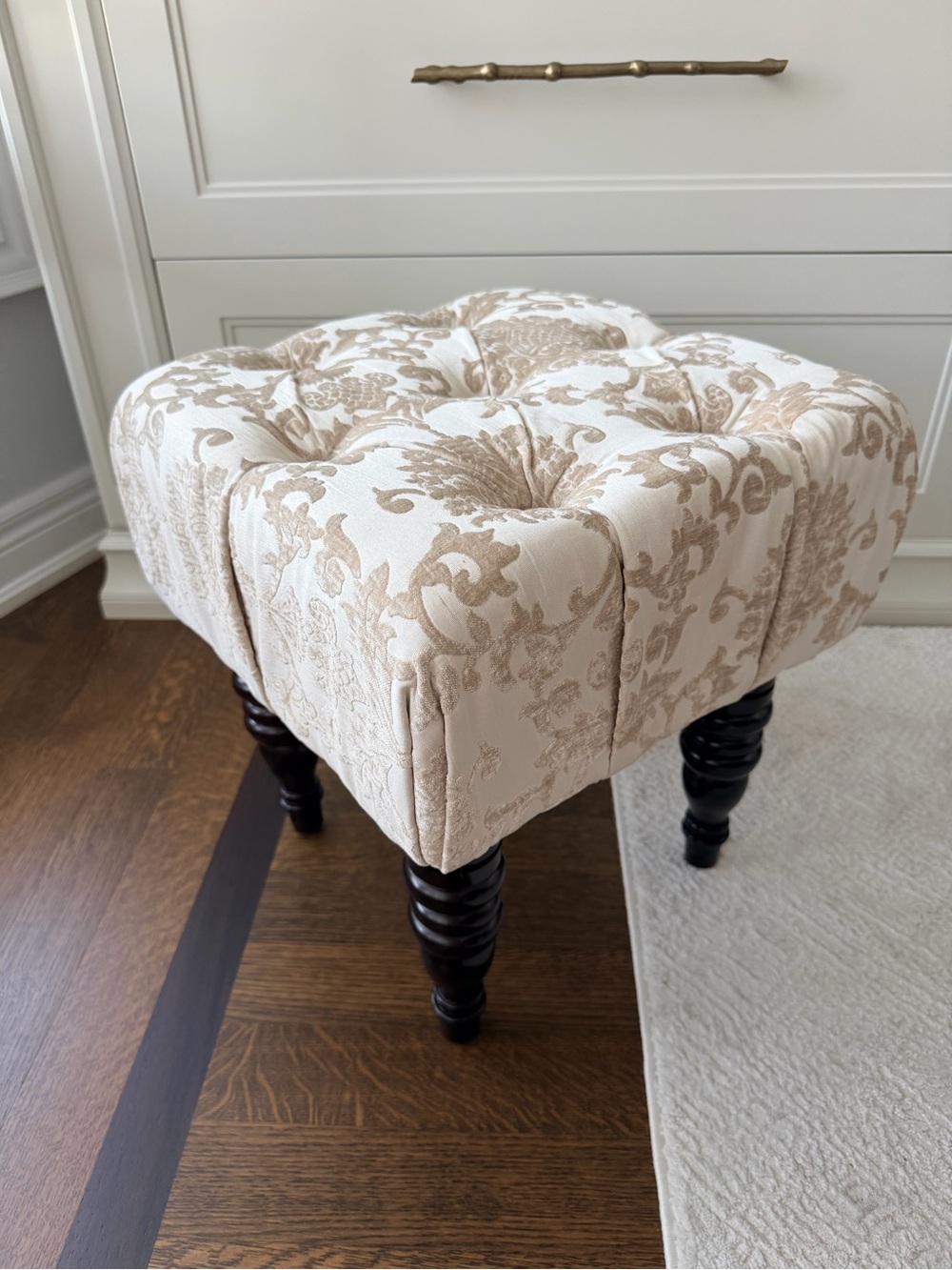 Vintage Brown Wood Cream Ivory Print upholstered Fabric Low Stool Vanity Chair